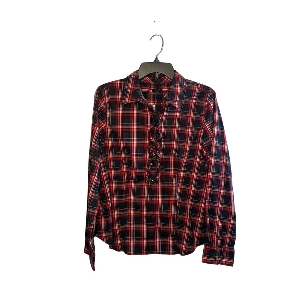 Talbots Stretch shirt women's plaid ruffle button up long sleeve size 12